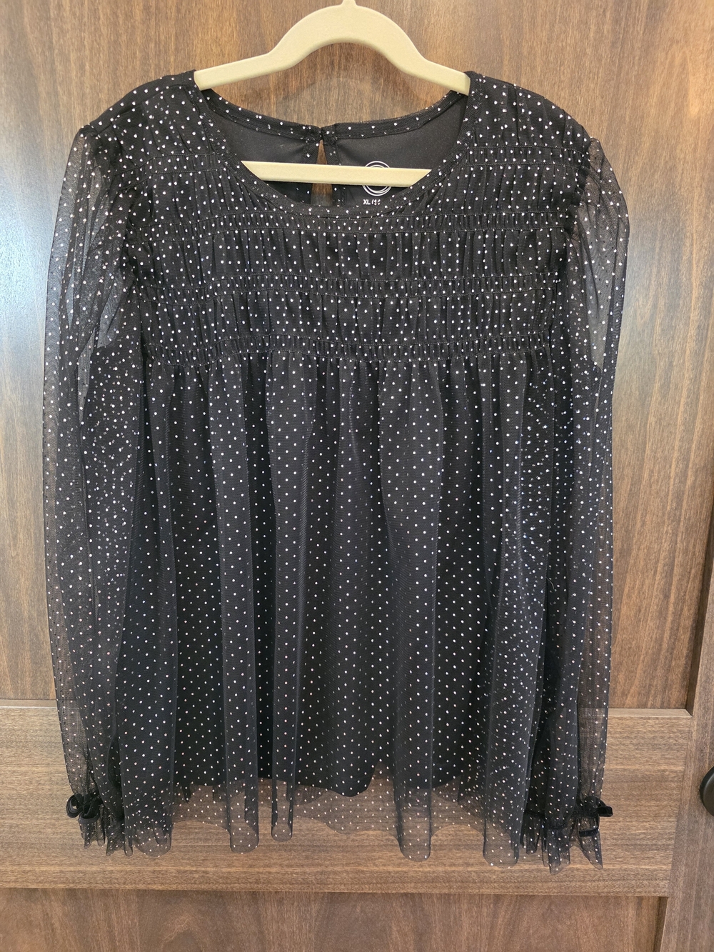 wonder nation Black Polka Dot Long Sleeve Blouse Girls XL 14-16